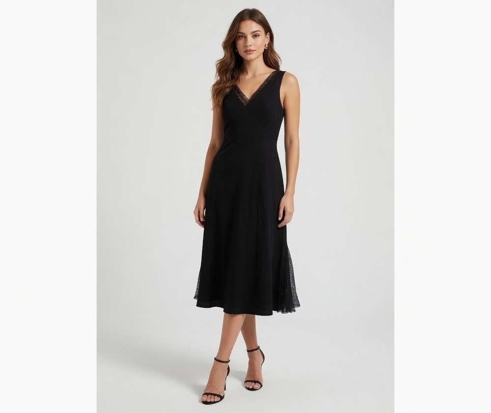 Vintage Jones NY Black V-Neck Ruffle Beaded Midi Ball Gown Dress Size 10 NWT